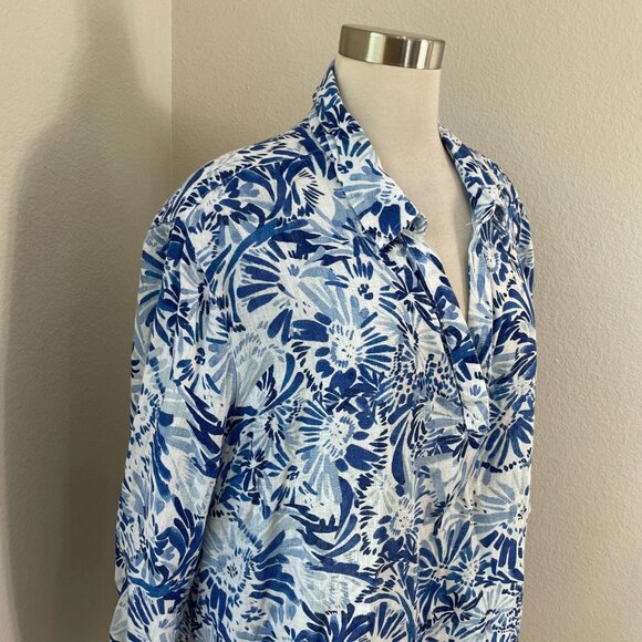 Cynthia Rowley Womens Plus 2X Blue White Floral 100% Linen Button Up Shirt - Picture 2 of 10